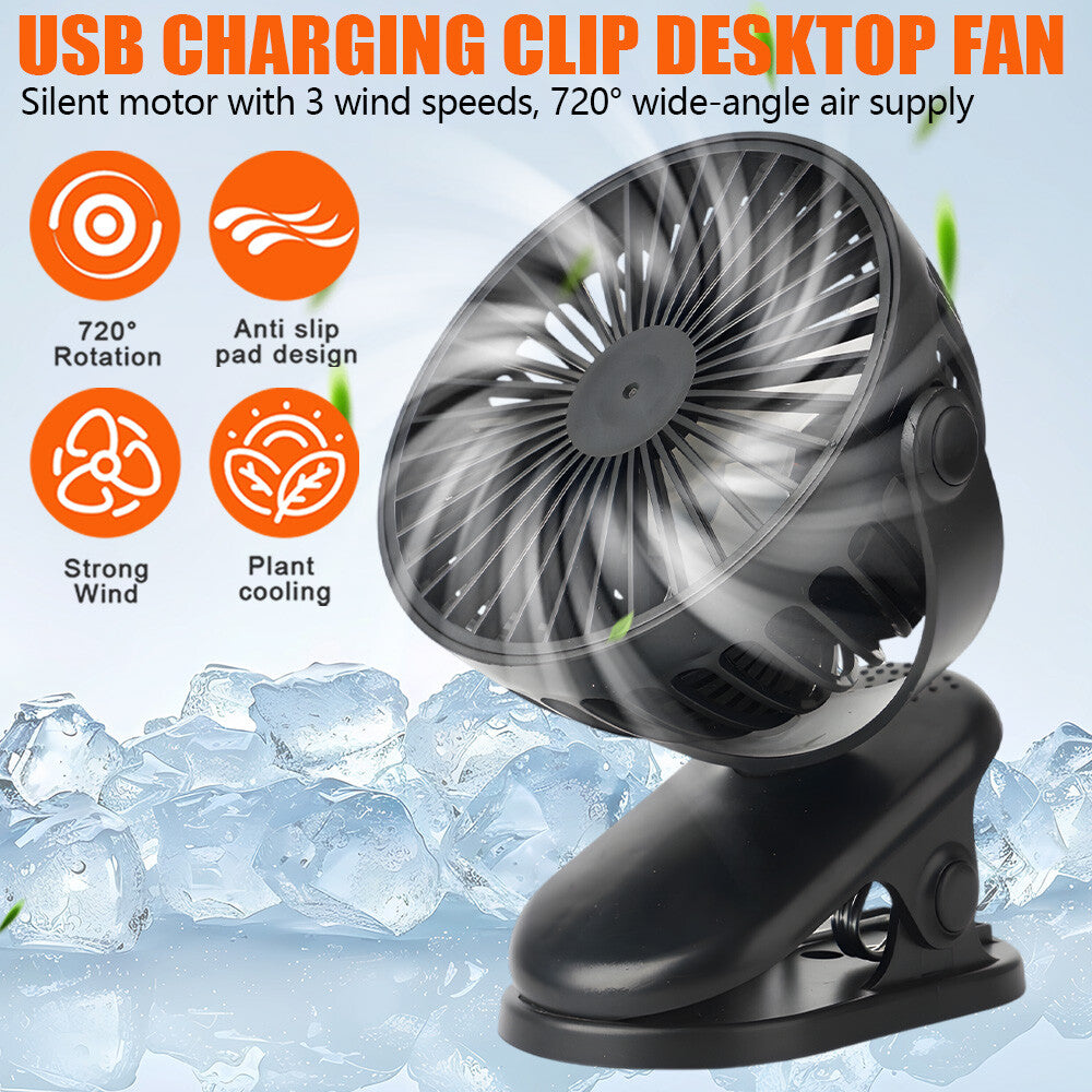 Portable Cooling Fan USB 3 Speeds Rechargeable Clip On Desk Baby Stroller