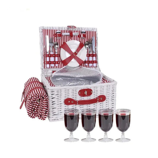 Outdoor 4 Person Luxury White Wicker Picnic Basket Set with Plates Wine Glasses