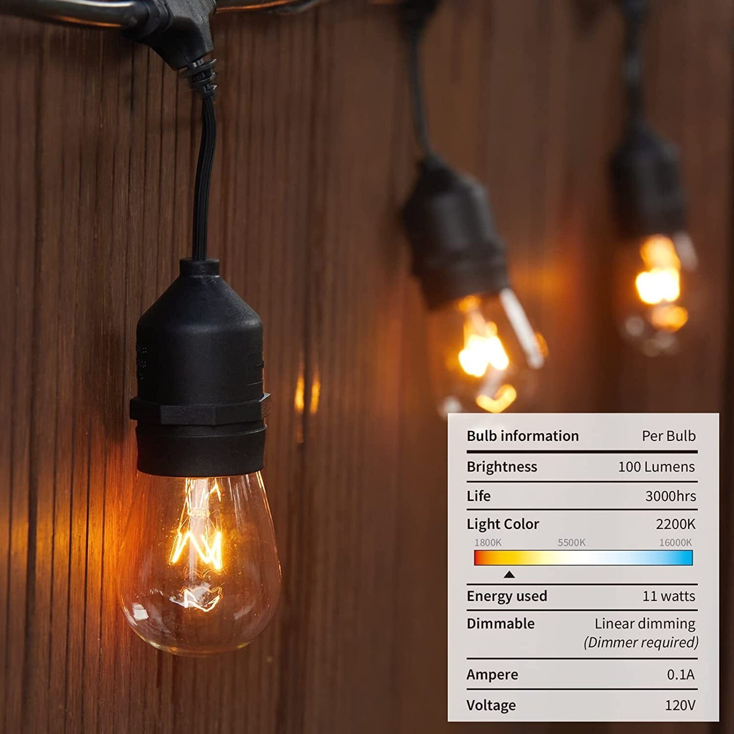 48FT Festoon Outdoor String Light Mains Powered S14 11W Bulbs(16Pcs)Garden Light