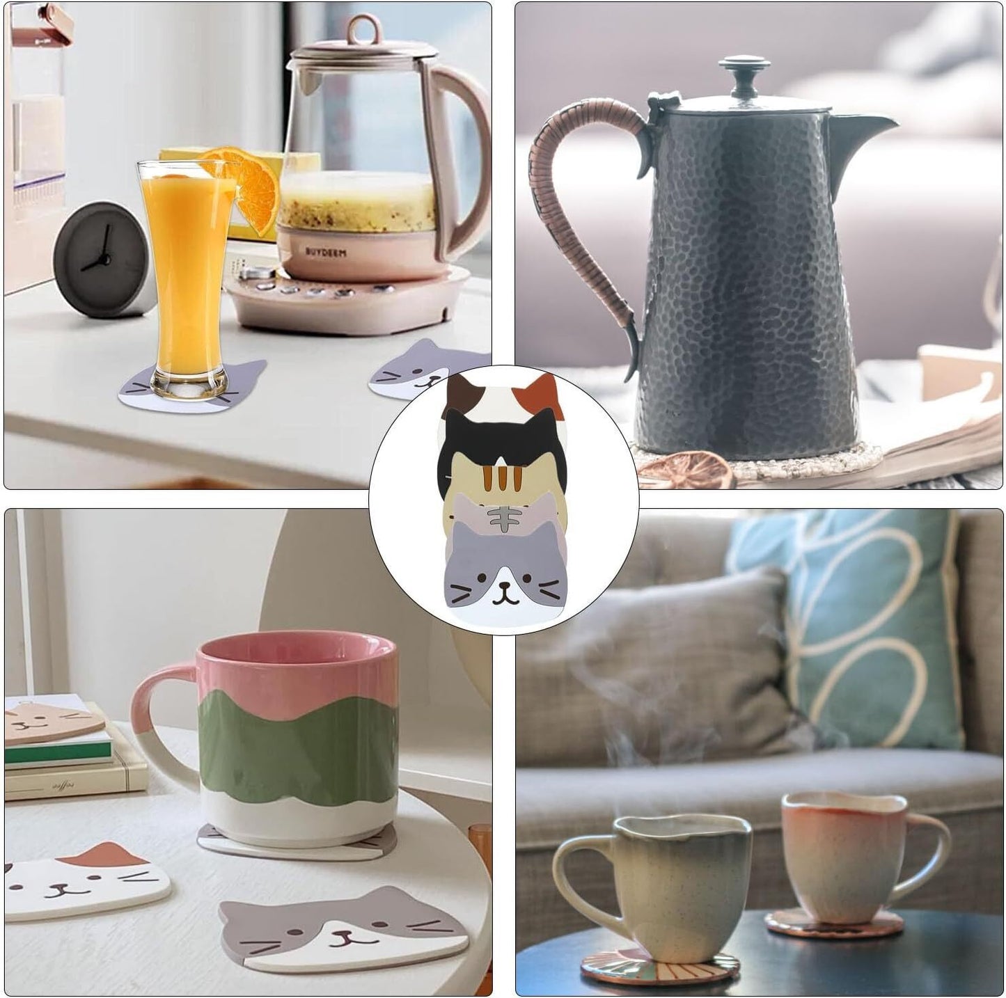 5Pack Cute Cat Cup Coasters, Reusable heatproof Silicone Drink Coasters Non Slip
