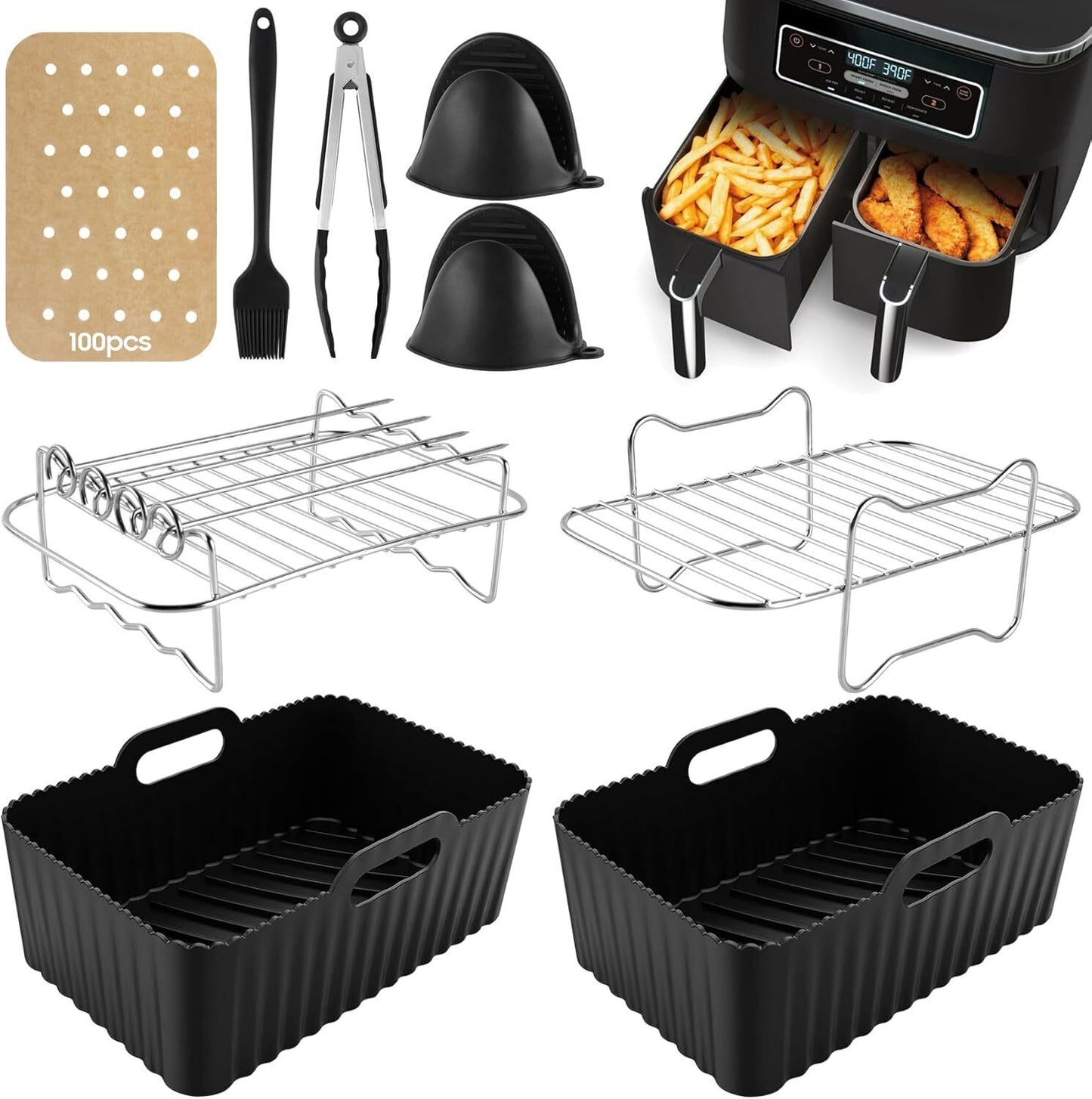 9 PCS Air Fryer Liners & Air Fryer Rack etc for Ninja Dual AF400UK & AF300UK