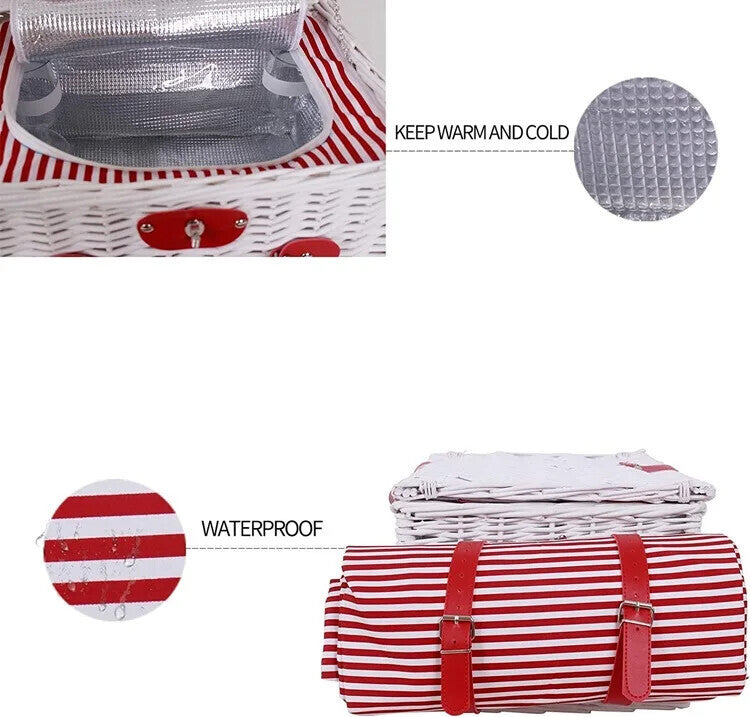 Outdoor 4 Person Luxury White Wicker Picnic Basket Set with Plates Wine Glasses