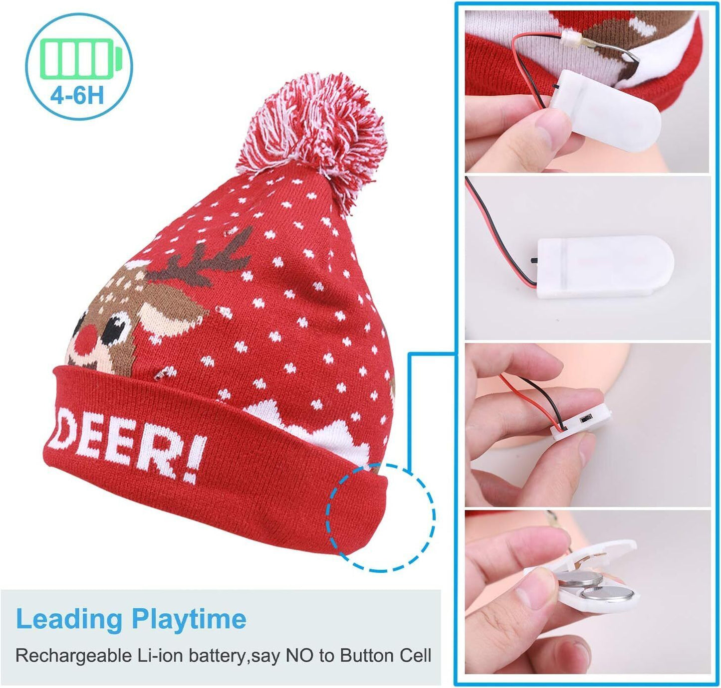 2Pcs Christmas LED Light Up Hat, 6 Colorful LED Unisex,Xmas Beanie Knitted Hat