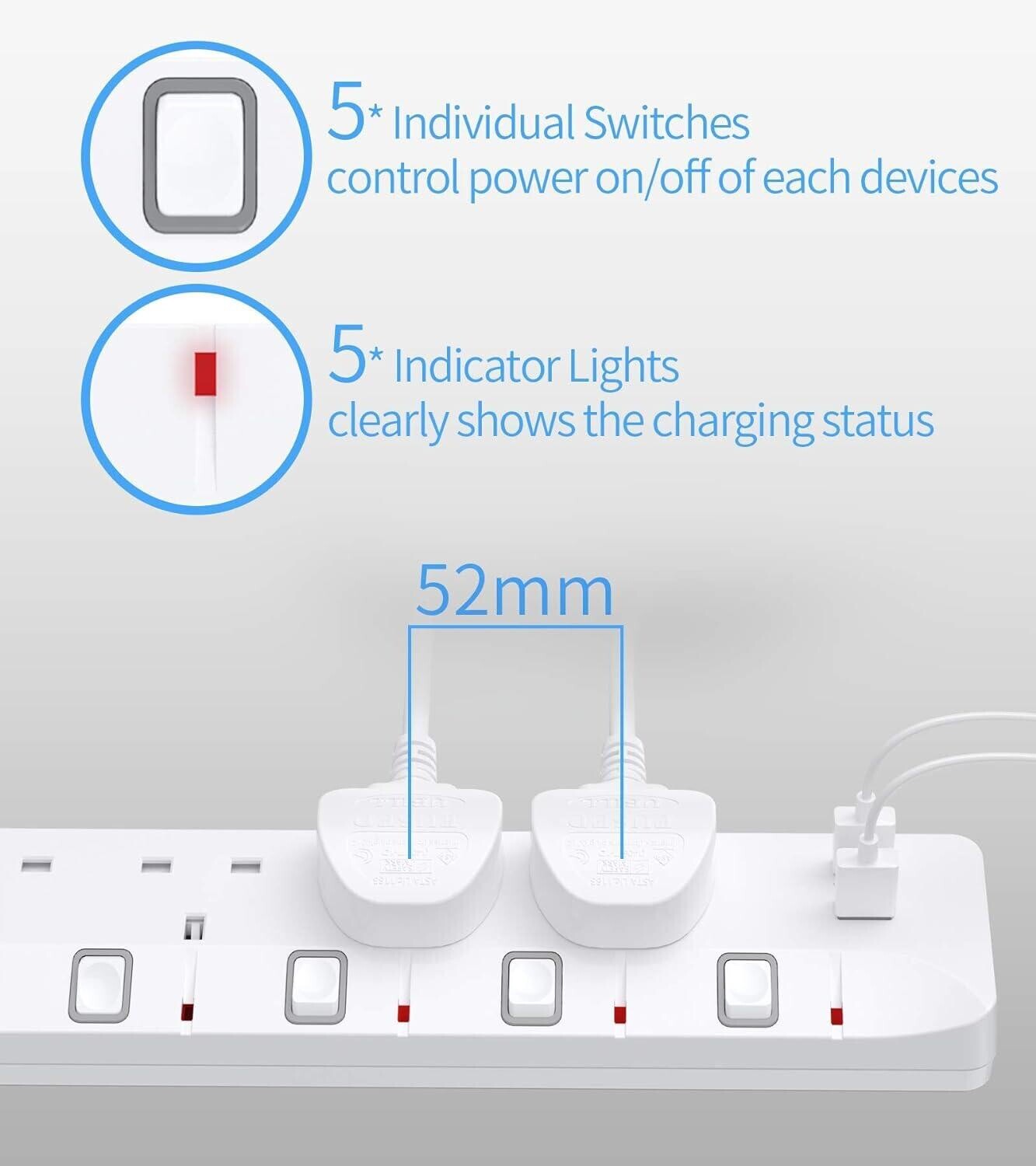PIBEEX Extension Lead with 4 Way Plug Sockets, 13A, Individual Switches, 2 USB