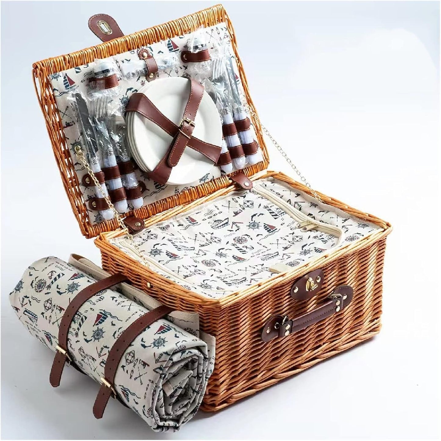 4 Person Outdoor Luxury Wicker Picnic Basket Set with Plates Wine Glasses