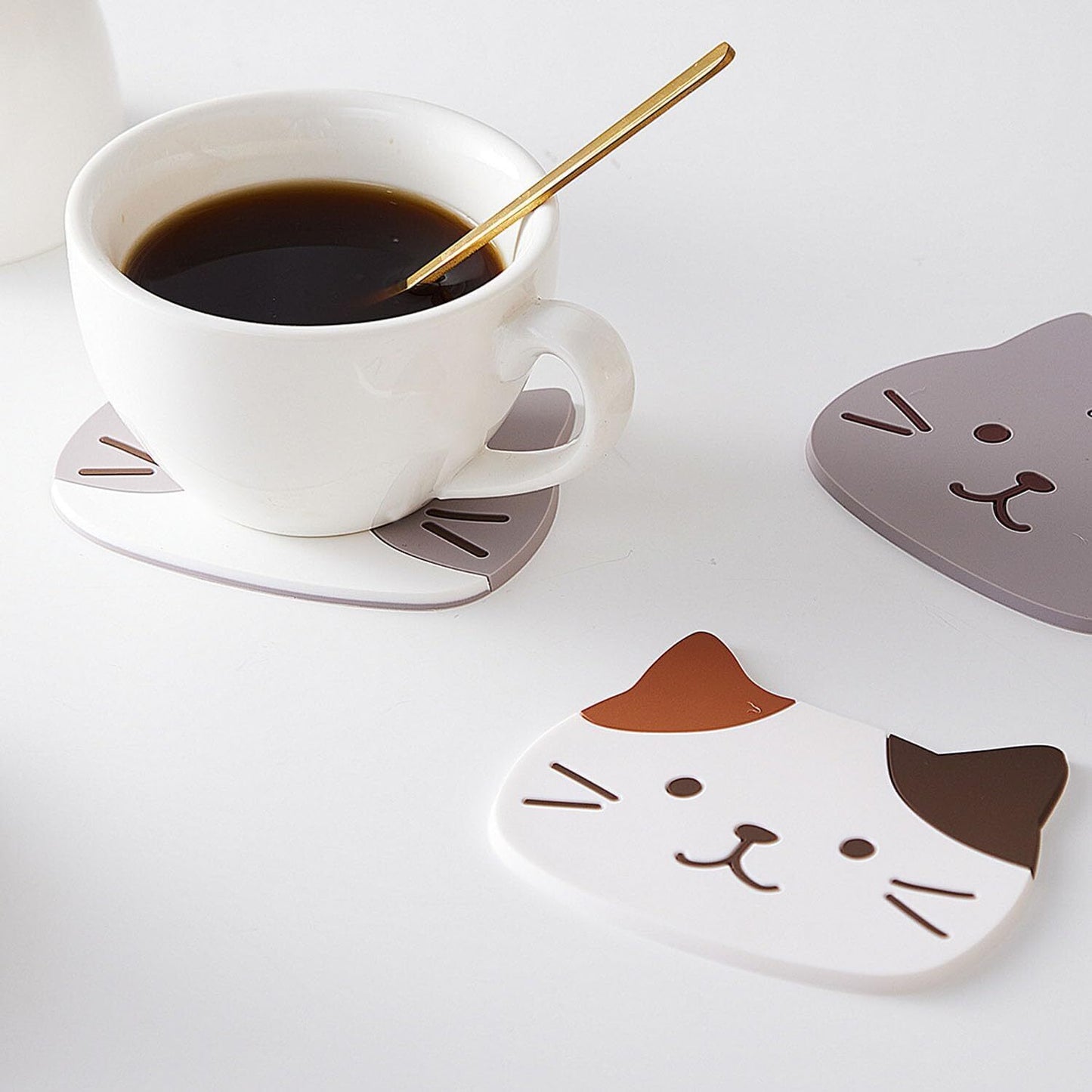 5Pack Cute Cat Cup Coasters, Reusable heatproof Silicone Drink Coasters Non Slip