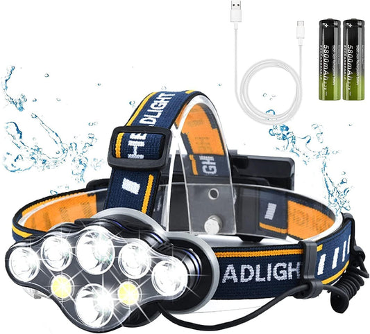 LED Head Torch IPX5 Headlight 18000 Lumens 8 Modes Headlamp for Camping,Fishing