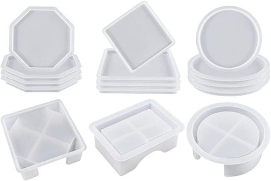 15 Pcs Coaster Resin Moulds Silicone, with Round Square Octagon Shape Holder