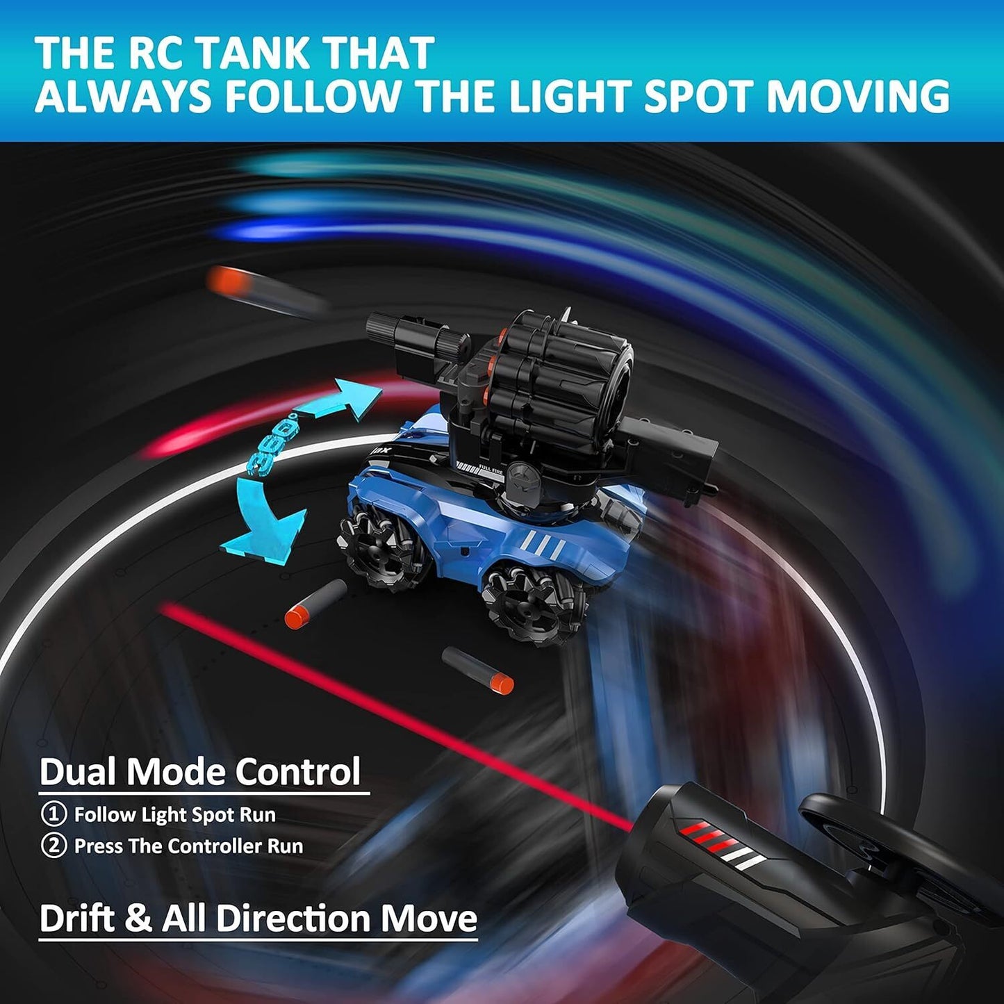 Tank Car Chase Light Spot Run, 4WD Battle Stunt Car with 360°Rotating LED, Music