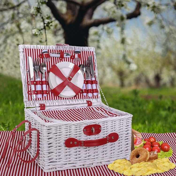 Outdoor 4 Person Luxury White Wicker Picnic Basket Set with Plates Wine Glasses