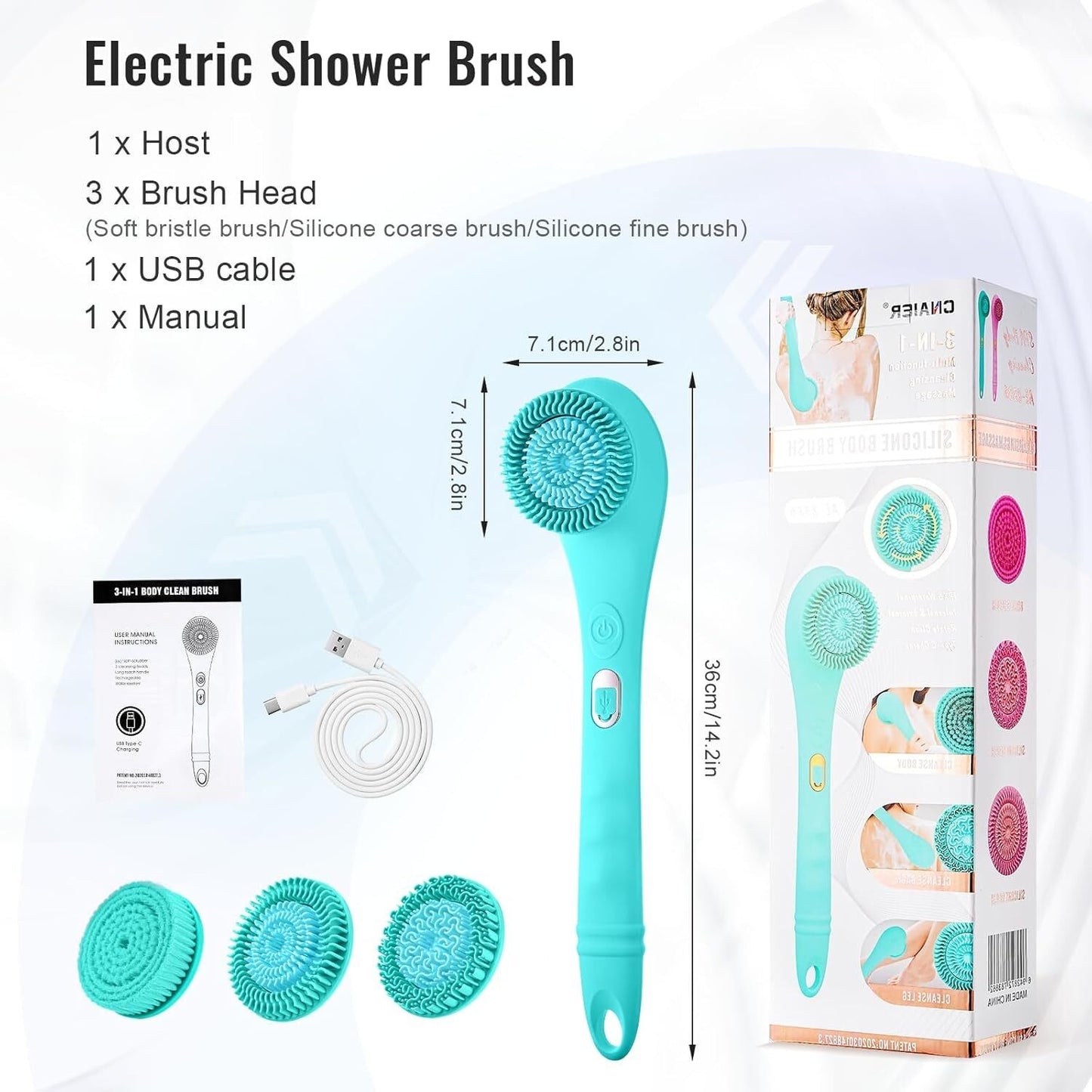 USB Rechargeable Bath Brush Body Scrubber Cleaning Shower Brush Removable Handle