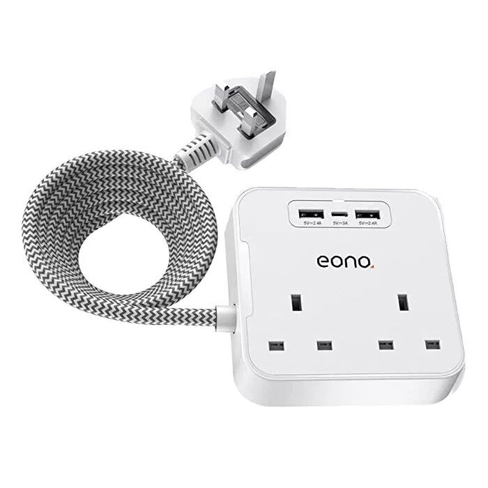 Extension Cable Lead with USB C,Power strips with 2 Way Outlets 3 USB Slots 1.8m