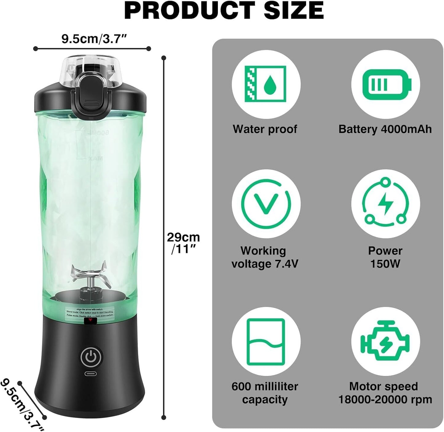 Portable Blender Bottle Cordless,6 Blades+600ml Blender Cup for Gym, Kitchen