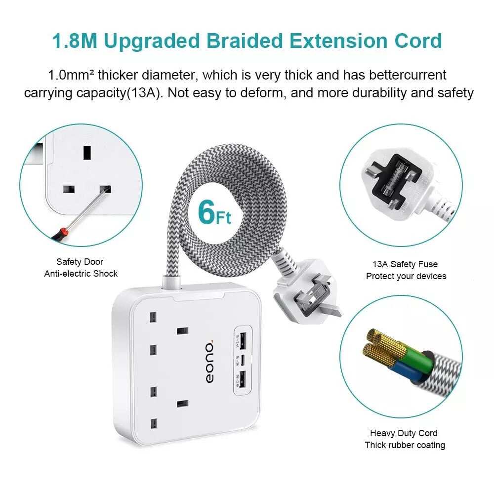 Extension Cable Lead with USB C,Power strips with 2 Way Outlets 3 USB Slots 1.8m