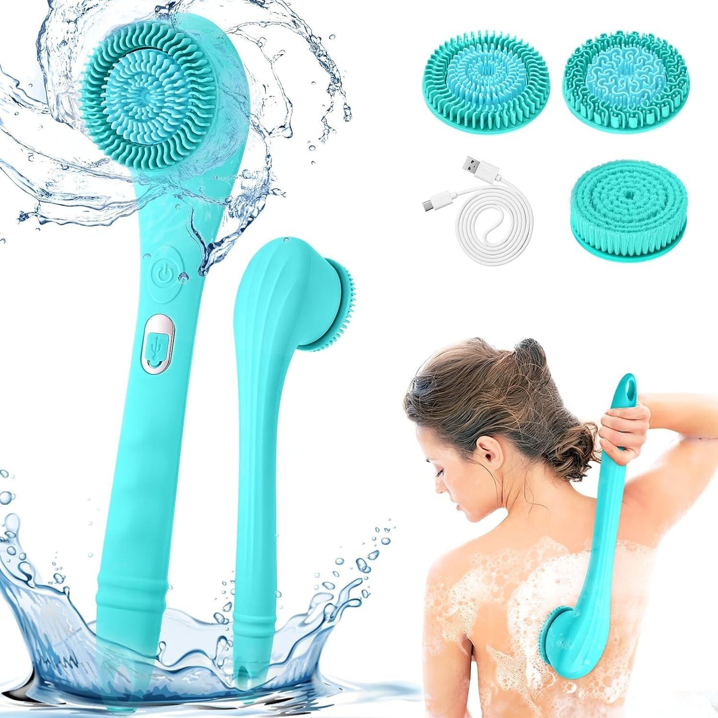 USB Rechargeable Bath Brush Body Scrubber Cleaning Shower Brush Removable Handle