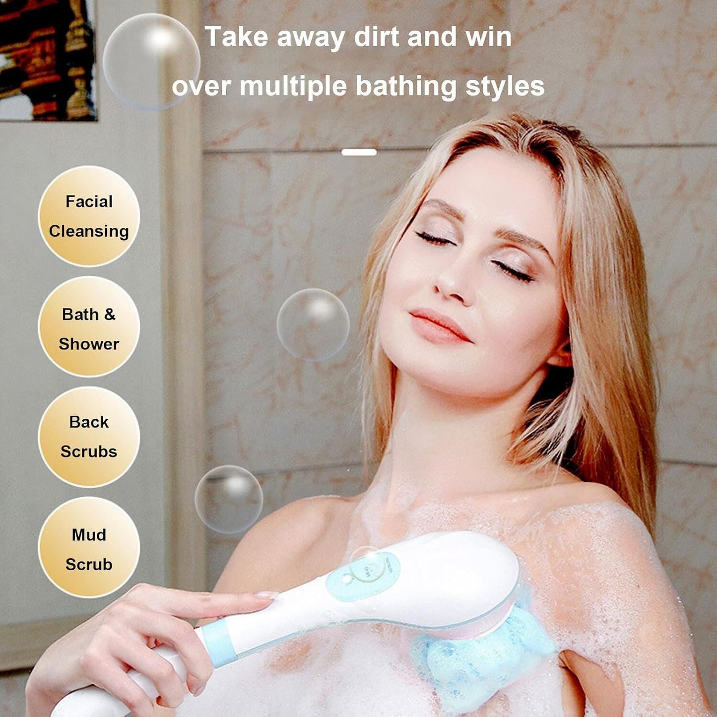 Electric Body Brush Facial Cleansing Brush Rechargeable Back Washer Long Handle