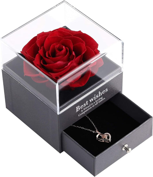 Preserved Rose Necklace: Jewellery Box Gift with 'I Love You' in 100 Languages