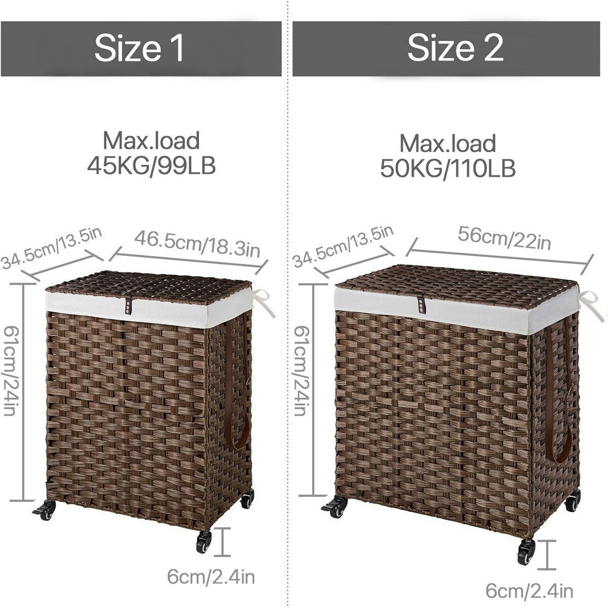 Large Handwoven Laundry Hamper Basket Handwoven 2 Size 5 Color Wheels 2 Sections