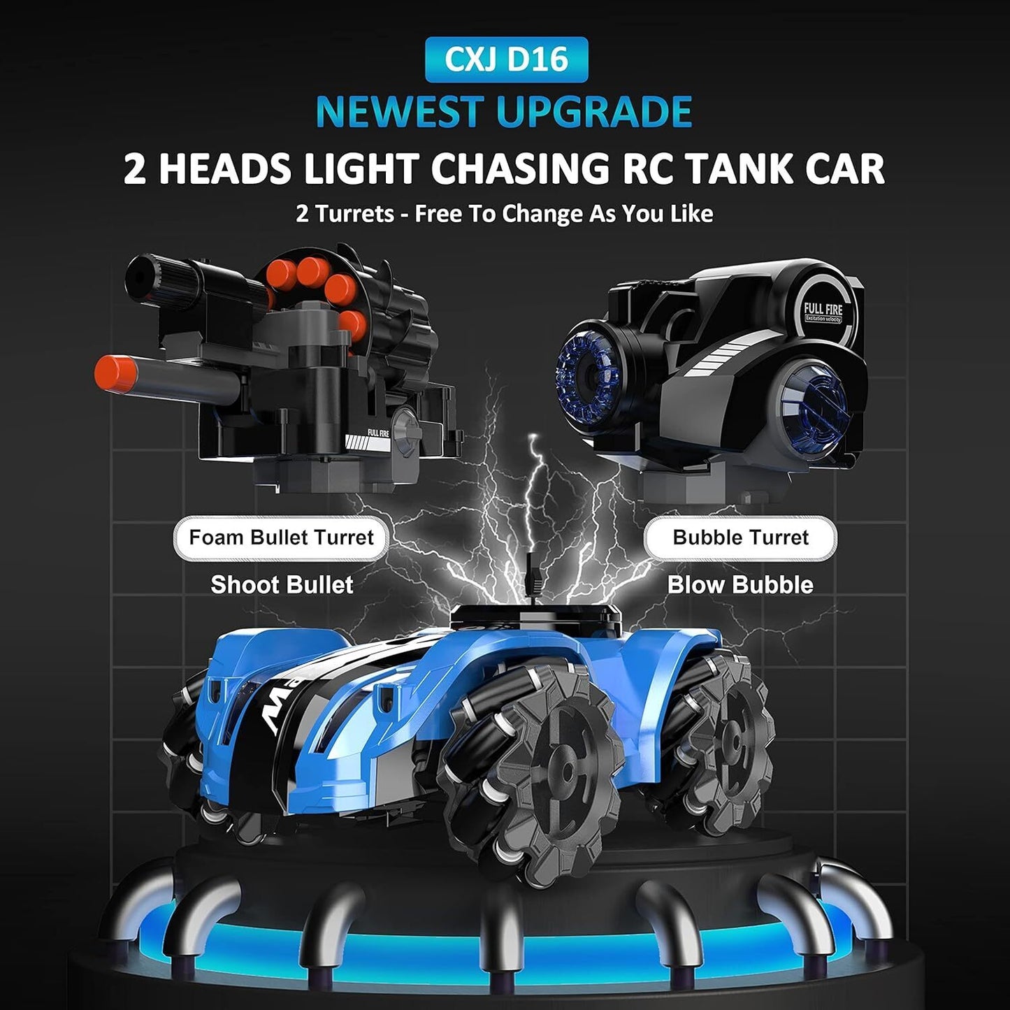 Tank Car Chase Light Spot Run, 4WD Battle Stunt Car with 360°Rotating LED, Music
