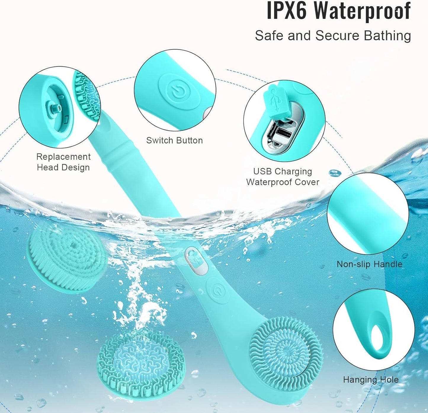 USB Rechargeable Bath Brush Body Scrubber Cleaning Shower Brush Removable Handle
