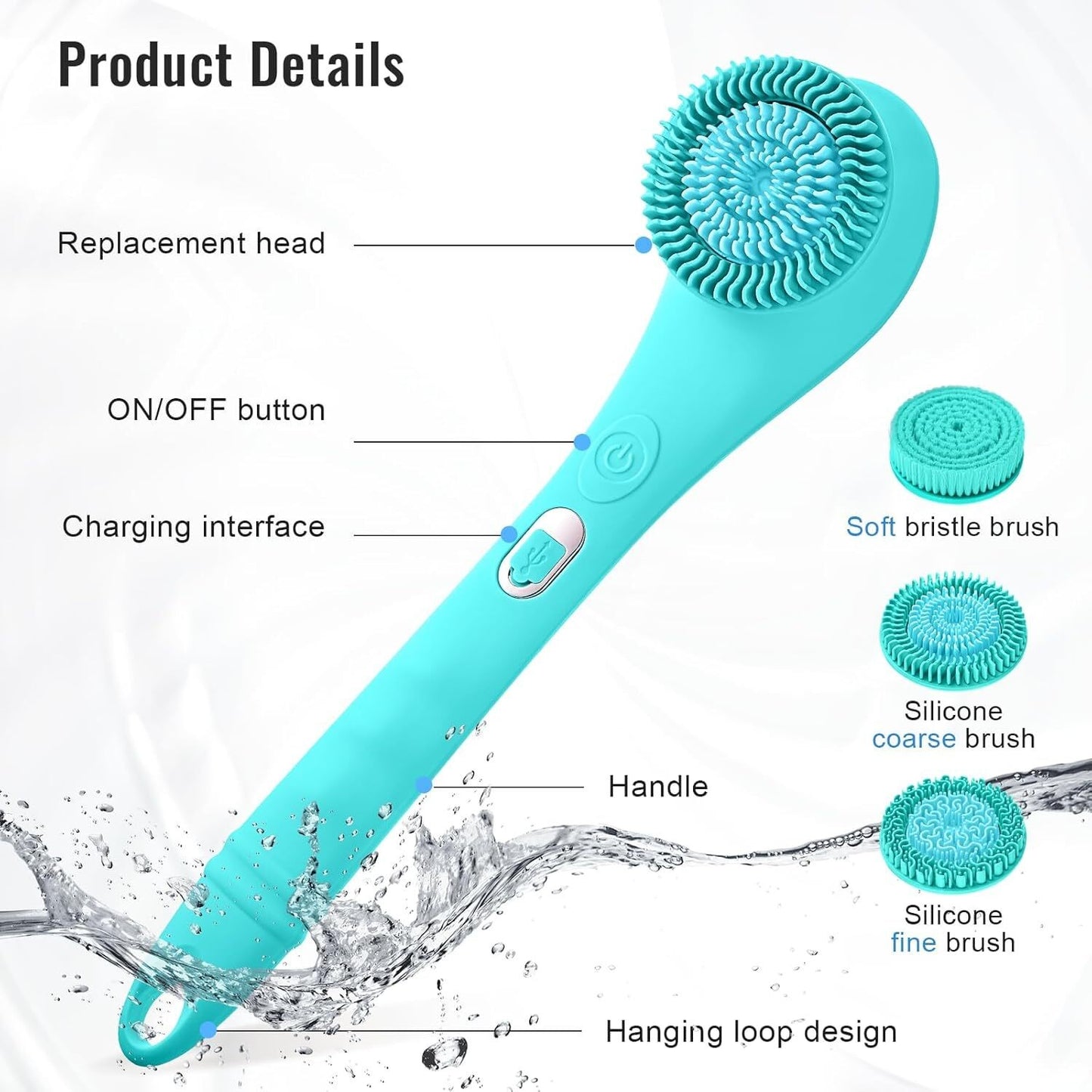 USB Rechargeable Bath Brush Body Scrubber Cleaning Shower Brush Removable Handle