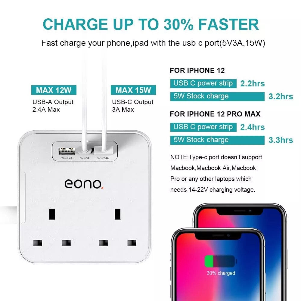 Extension Cable Lead with USB C,Power strips with 2 Way Outlets 3 USB Slots 1.8m