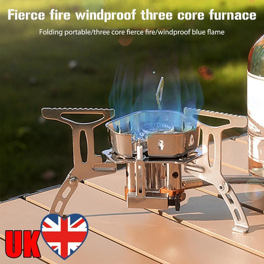 3 Heads Gas Stove Camping Burner Folding BBQ Furnace Outdoor Cooking Portable UK