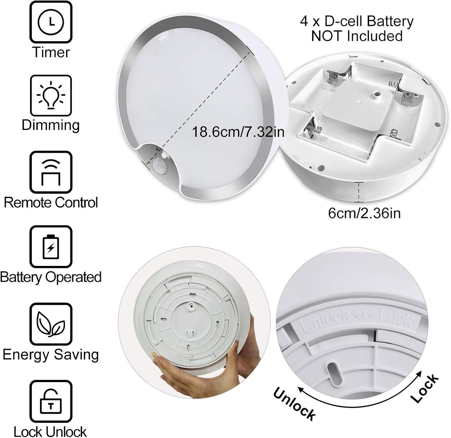 Motion Sensor Ceiling Light Battery Operated Dimmable Light w/Remote for Bedroom