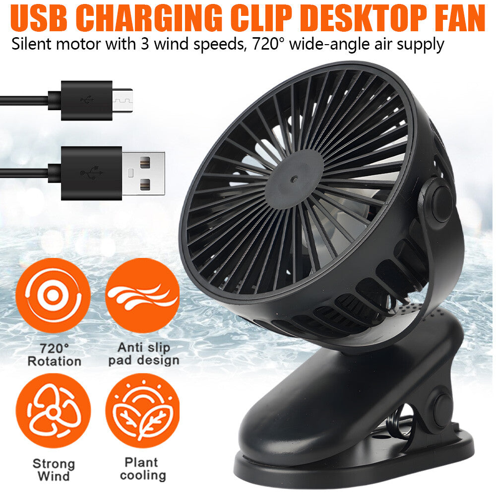 Portable Cooling Fan USB 3 Speeds Rechargeable Clip On Desk Baby Stroller