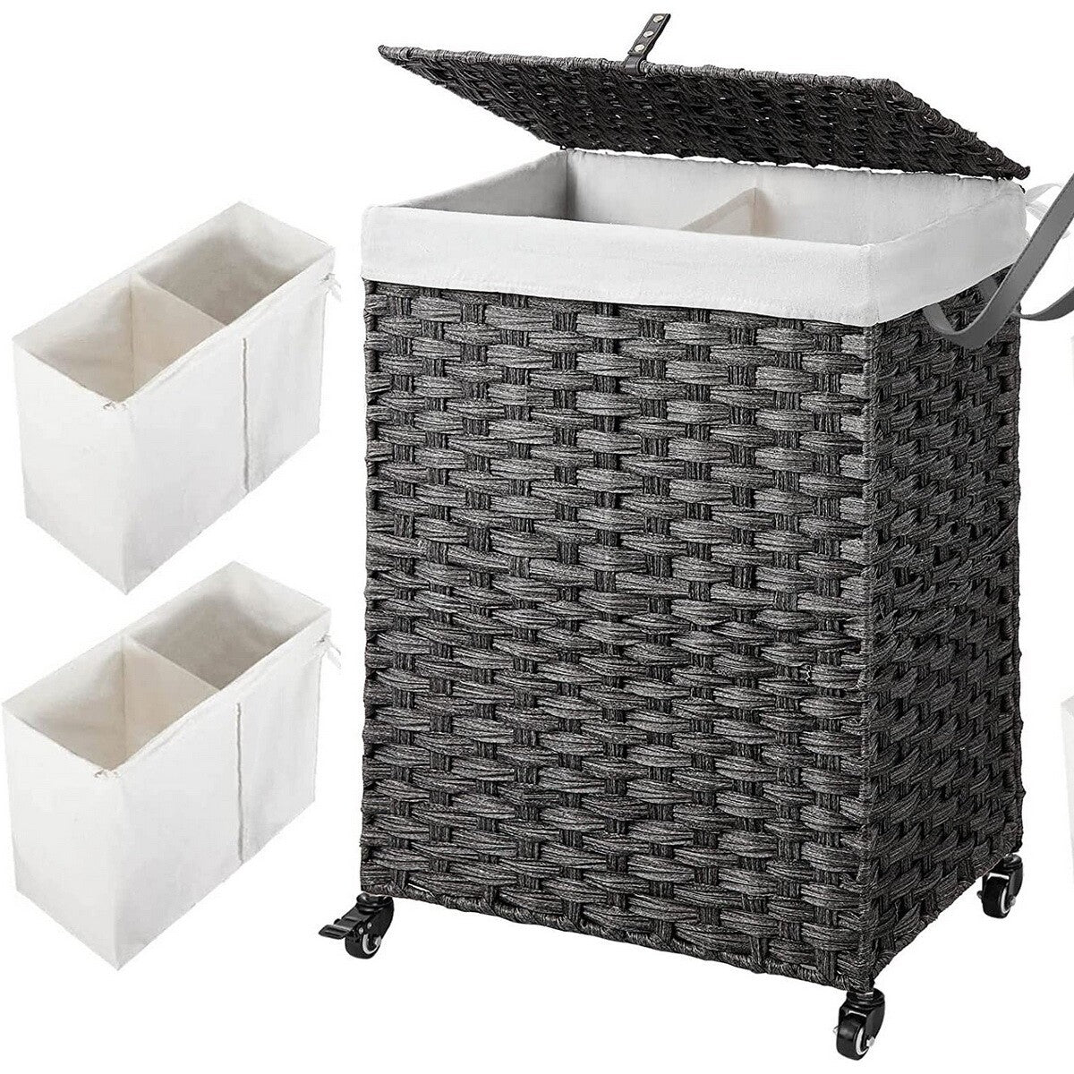 Large Handwoven Laundry Hamper Basket Handwoven 2 Size 5 Color Wheels 2 Sections