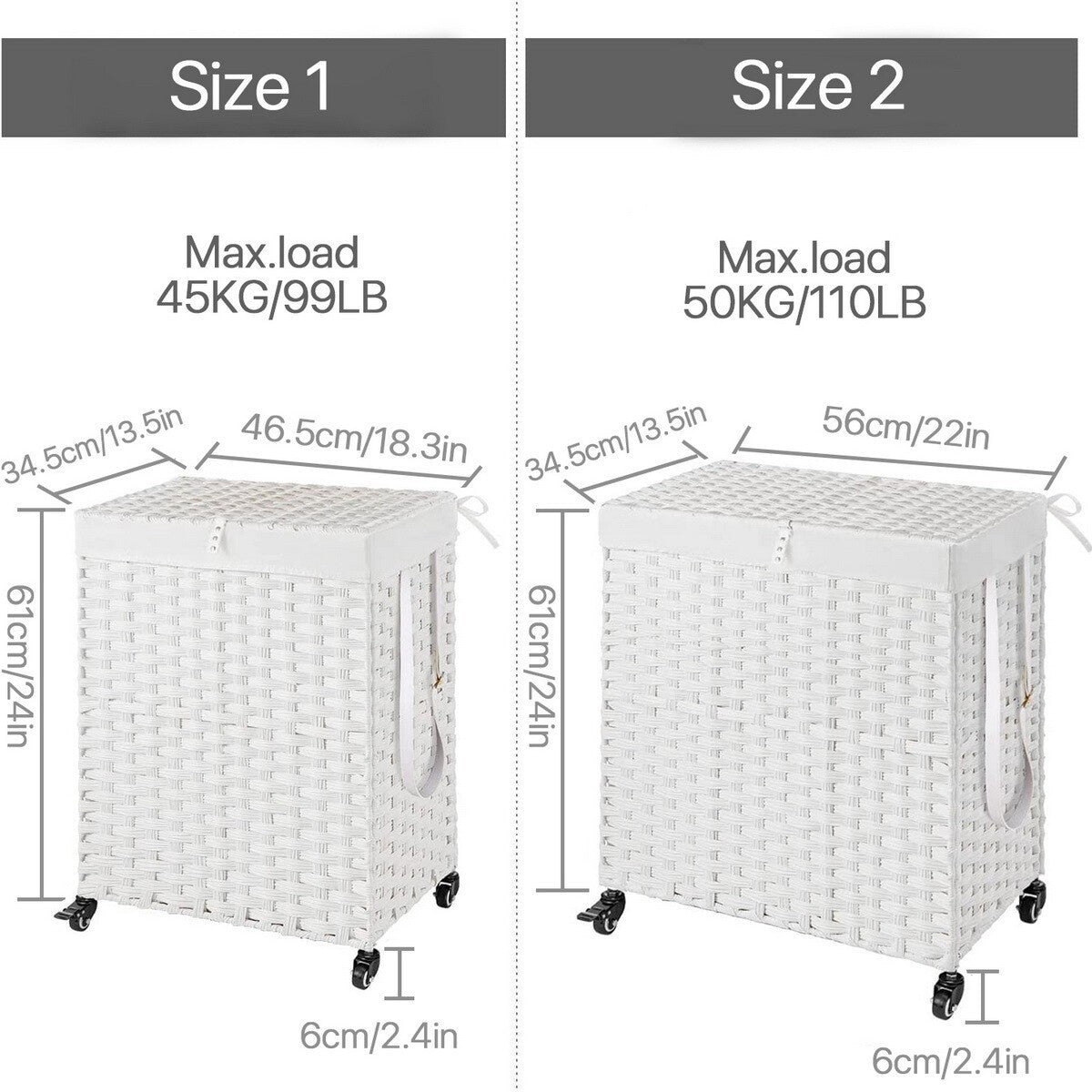 Large Handwoven Laundry Hamper Basket Handwoven 2 Size 5 Color Wheels 2 Sections