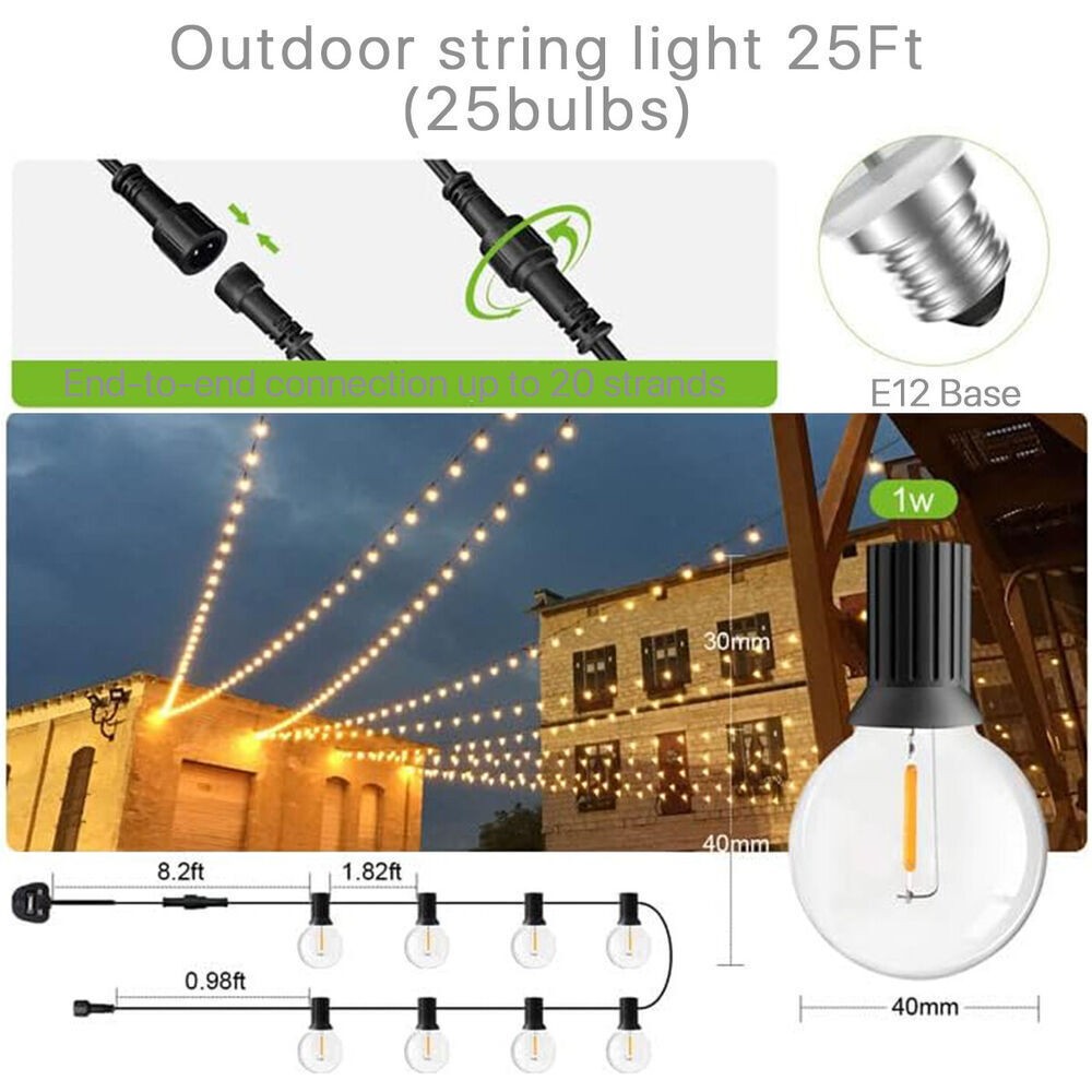 25FT Festoon Outdoor String LED Light Mains Powered 1W Bulbs（25Pcs）Garden Light