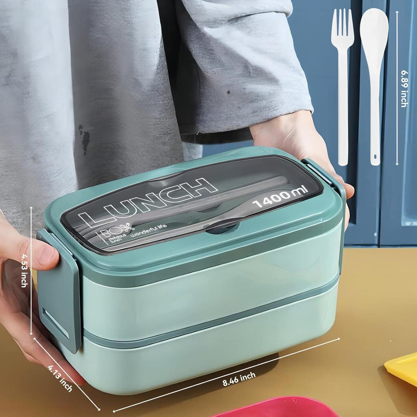 Lunch Box for Adults Kids, 2 Layer Leak Proof Bento Box with Utensils, 1400ML