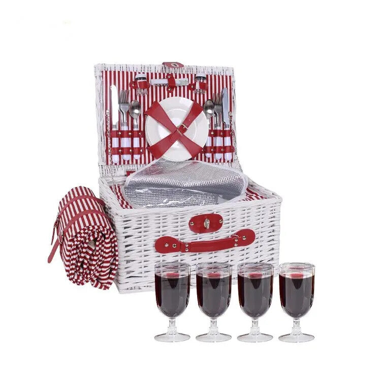 Outdoor 4 Person Luxury White Wicker Picnic Basket Set with Plates Wine Glasses