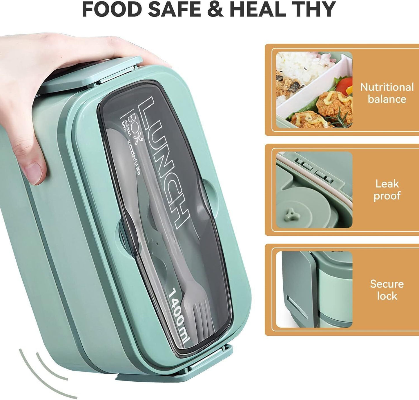 Lunch Box for Adults Kids, 2 Layer Leak Proof Bento Box with Utensils, 1400ML