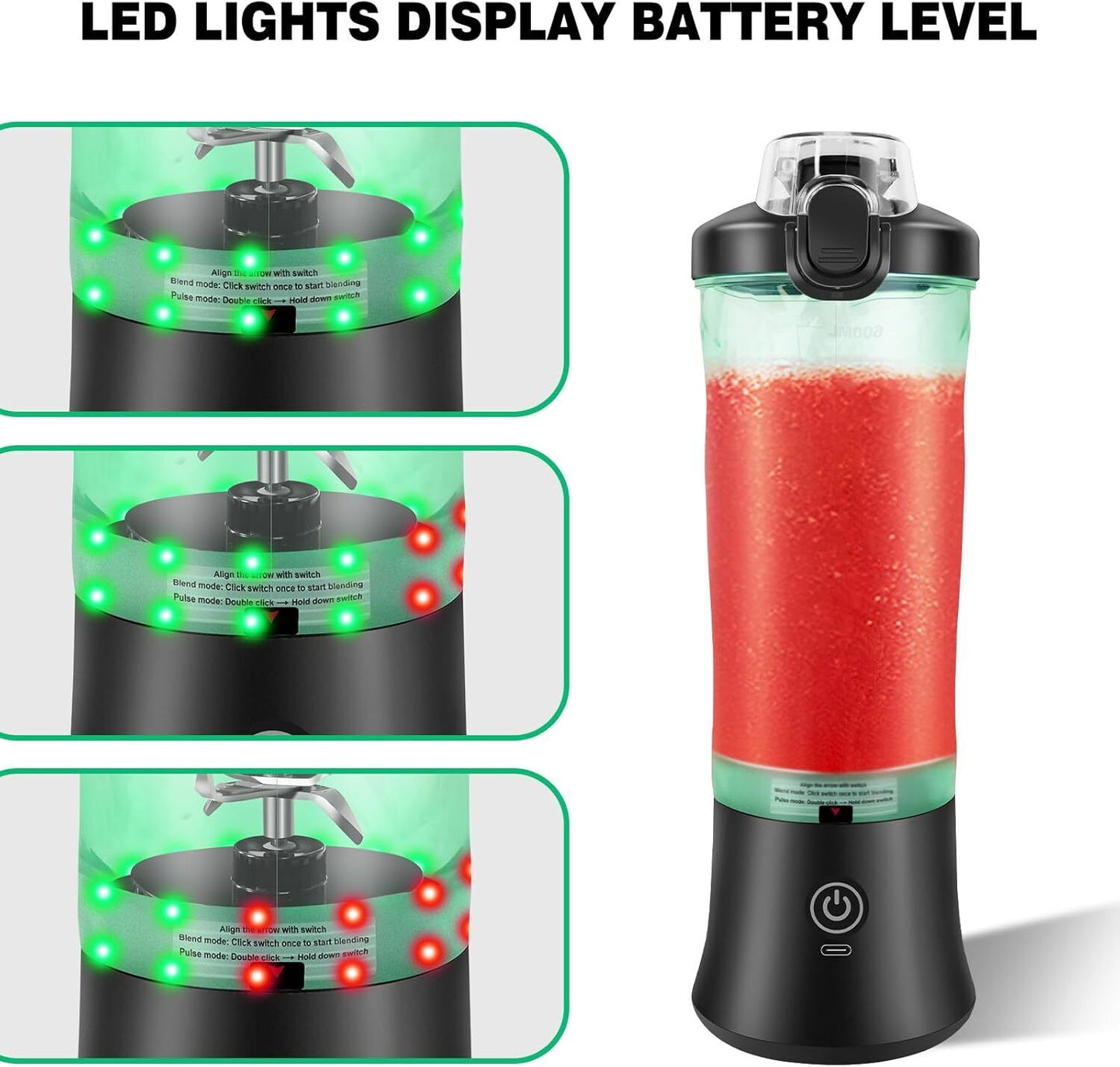 Portable Blender Bottle Cordless，6 Blades+600ml Blender Cup for Gym, Kitchen