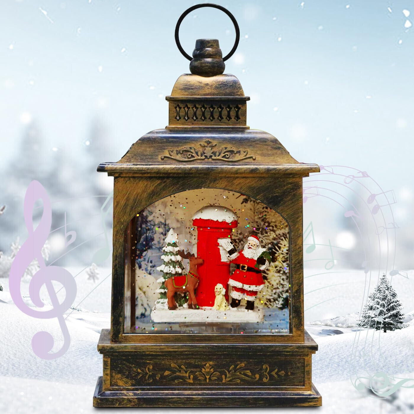 10'' Christmas Musical Decor，Santa Claus Water Lantern Lighted USB ，Xmas Gifts