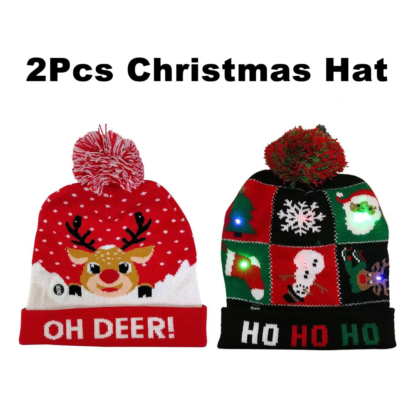 2Pcs Christmas LED Light Up Hat, 6 Colorful LED Unisex，Xmas Beanie Knitted Hat