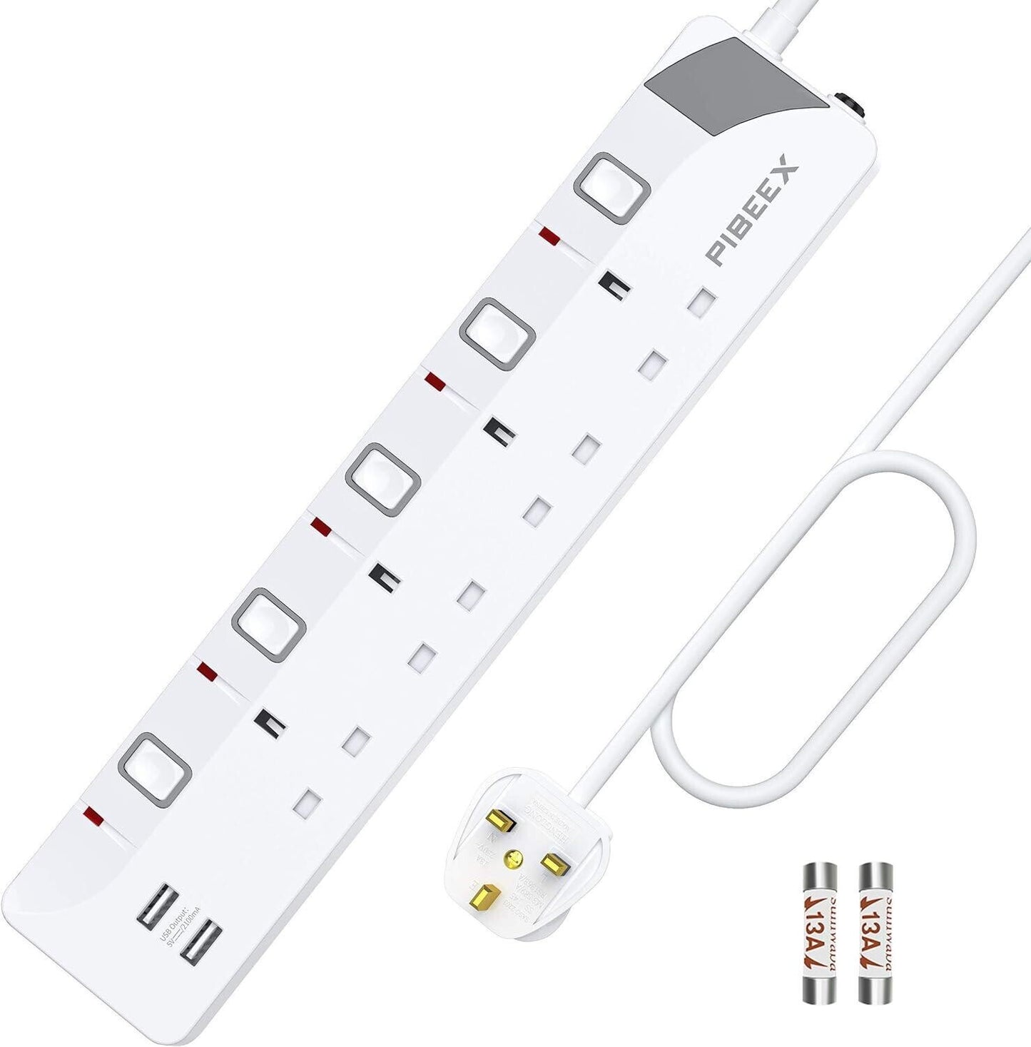 PIBEEX Extension Lead with 4 Way Plug Sockets, 13A, Individual Switches, 2 USB