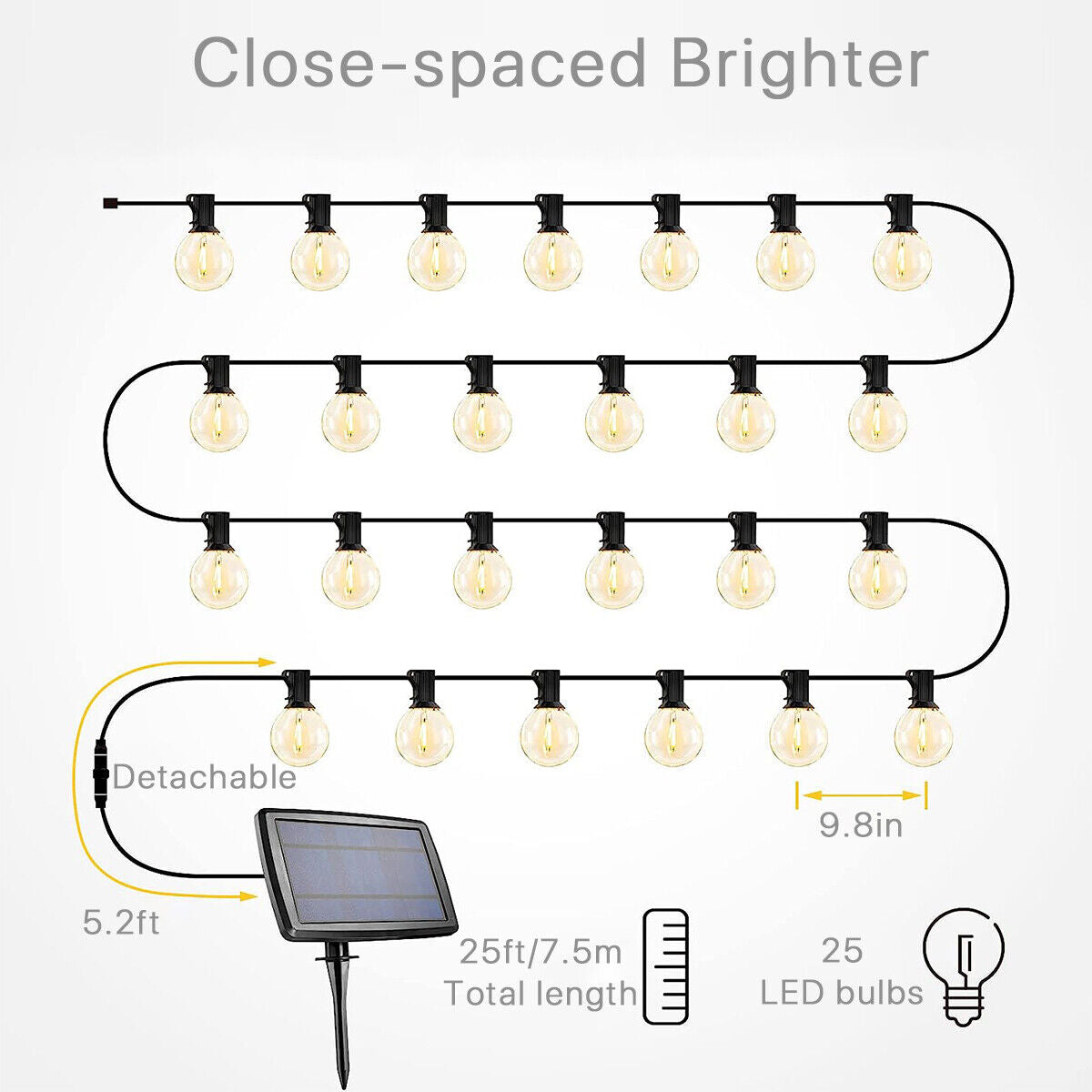 7.5M/25ft Solar String Ball Lights 25 Waterproof G40 LED Bulb 4 Modes for Garden