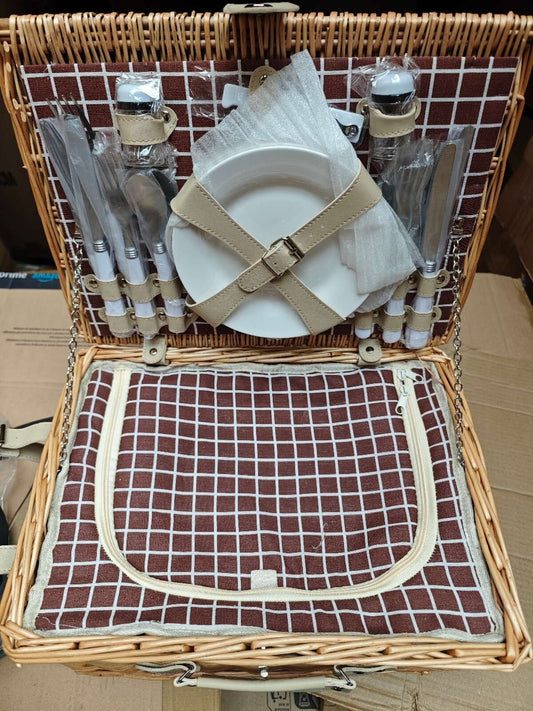 4 Person Outdoor Luxury Wicker Picnic Basket Set with Plates Wine Glasses