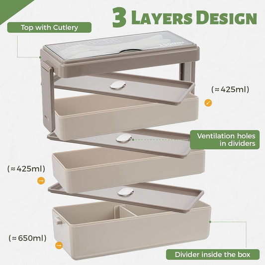 1500ml Bento Box-with Bag-3 Layer Lunch Box with Cutlery Set for Students Adults