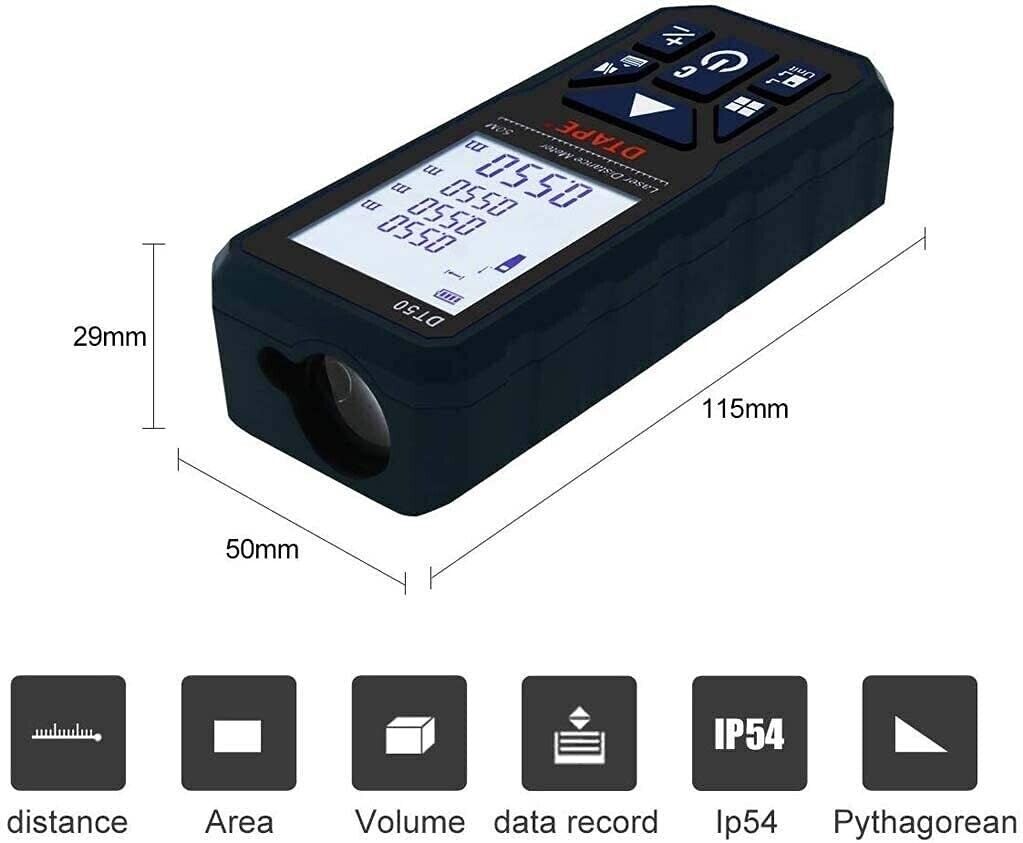 Laser Distance Meter 50M/165ft，Handle Digital IP54 Shockproof Laser Measure