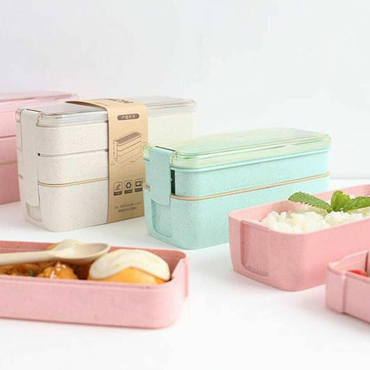 Lunch Box Bento Boxes Food Storage Container With 3 Compartments+Cutlery Set