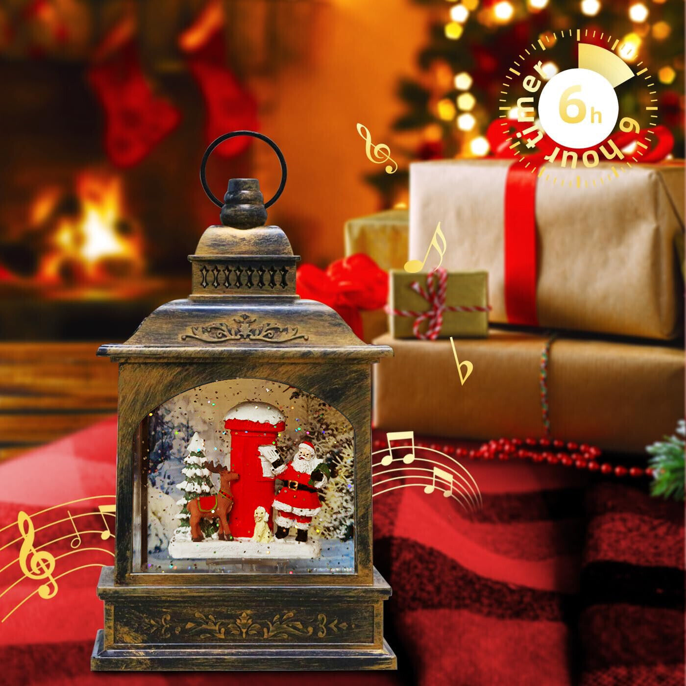 10'' Christmas Musical Decor，Santa Claus Water Lantern Lighted USB ，Xmas Gifts