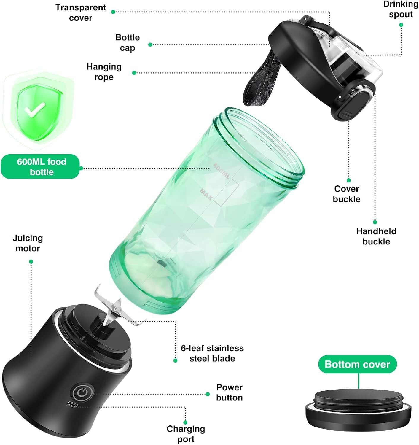Portable Blender Bottle Cordless，6 Blades+600ml Blender Cup for Gym, Kitchen
