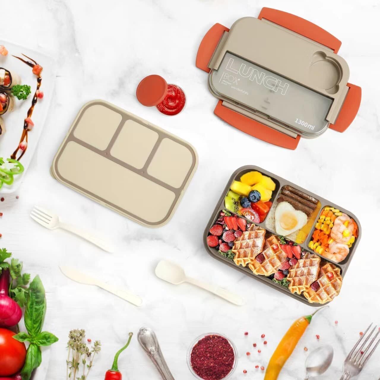 1300ML Bento Box Lunch Boxes,4-in-1 Lunchbox with Sauce Pot Cutlery Set With Bag