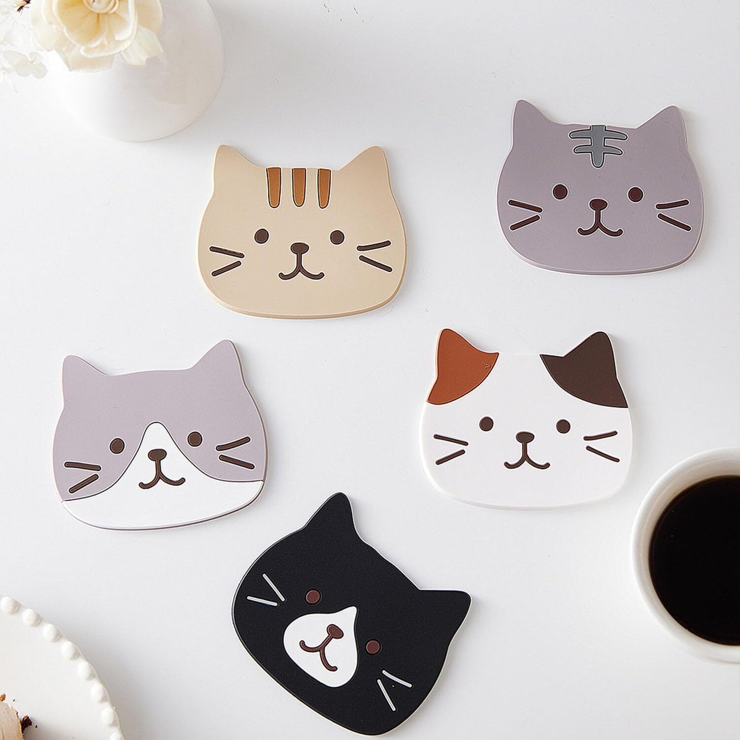 5Pack Cute Cat Cup Coasters, Reusable heatproof Silicone Drink Coasters Non Slip