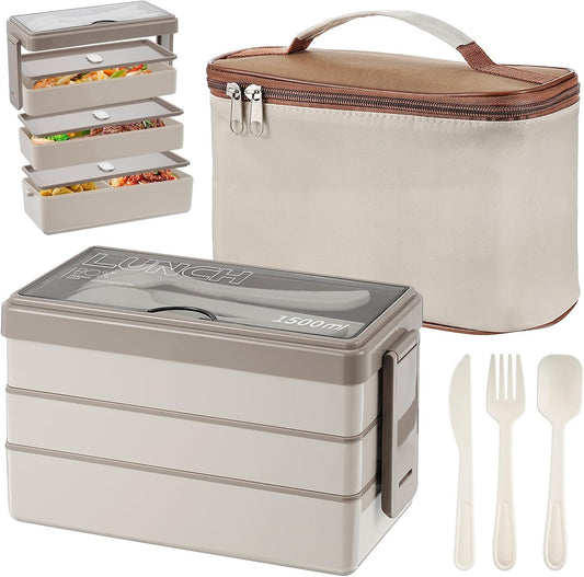 1500ml Bento Box-with Bag-3 Layer Lunch Box with Cutlery Set for Students Adults