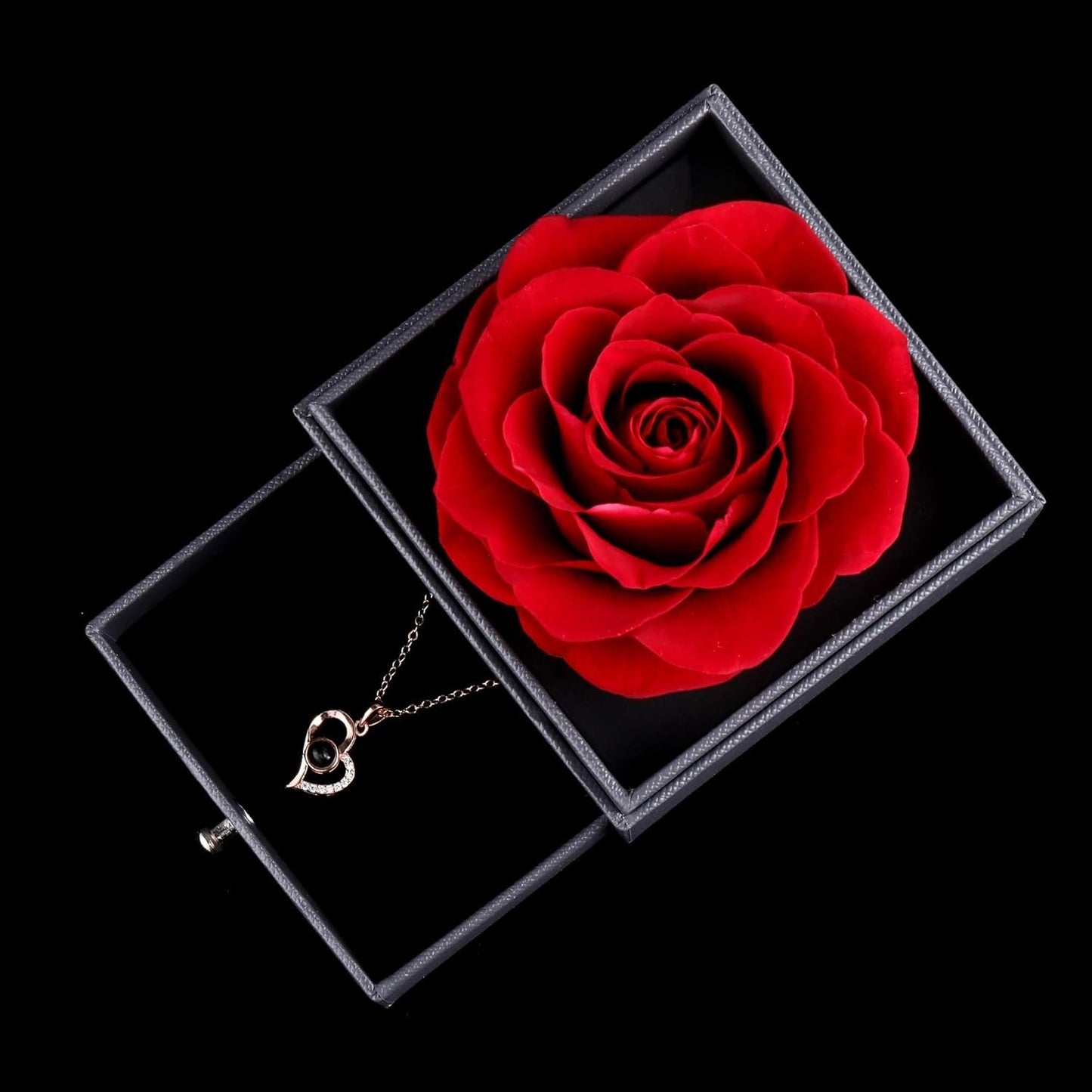 Preserved Rose Necklace: Jewellery Box Gift with 'I Love You' in 100 Languages